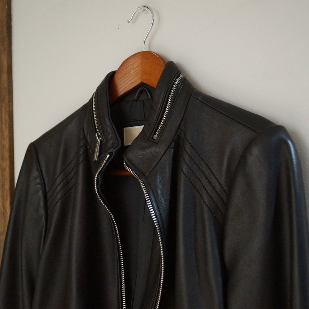 Michael Kors Black Leather Jacket w/ Zipper Collar